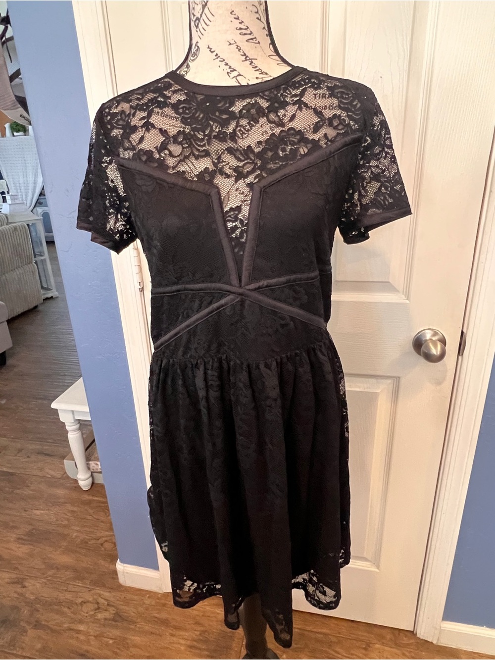 Express Black Floral Lace Fit & Flare Dress with Satin Trim – Size Large
